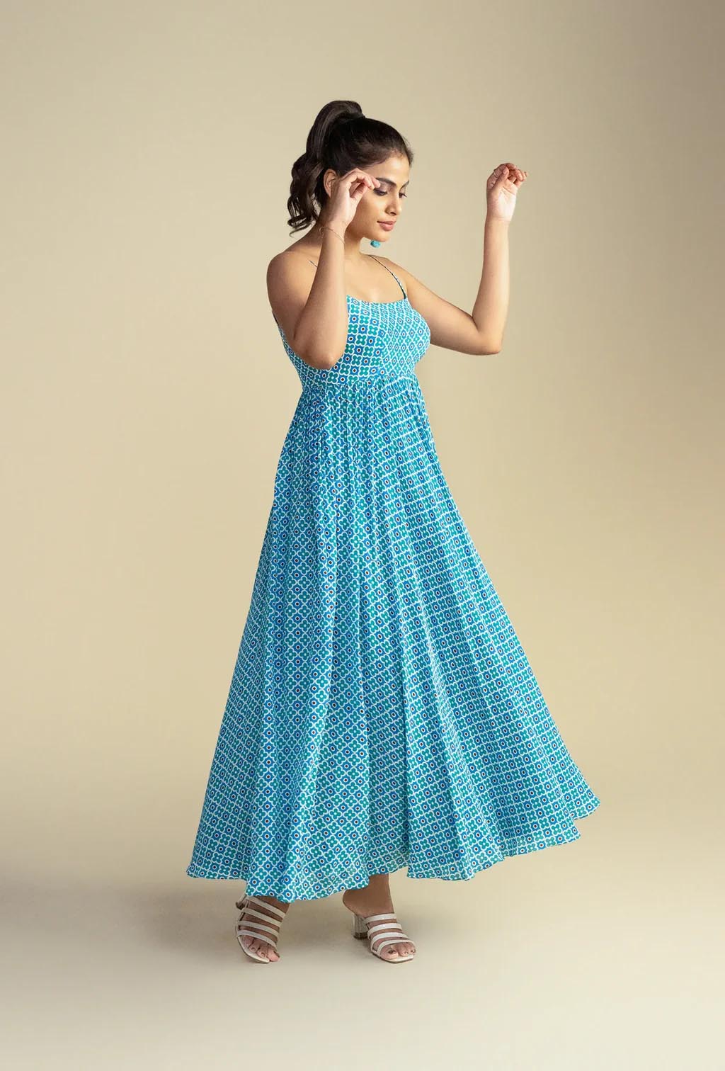 Spaghetti Sleeves Geometric Print Maxi Dress