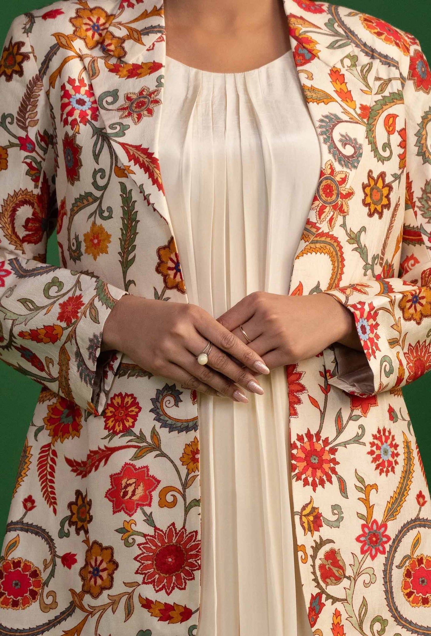 Floral Blazer Jacket & White Kurta Set