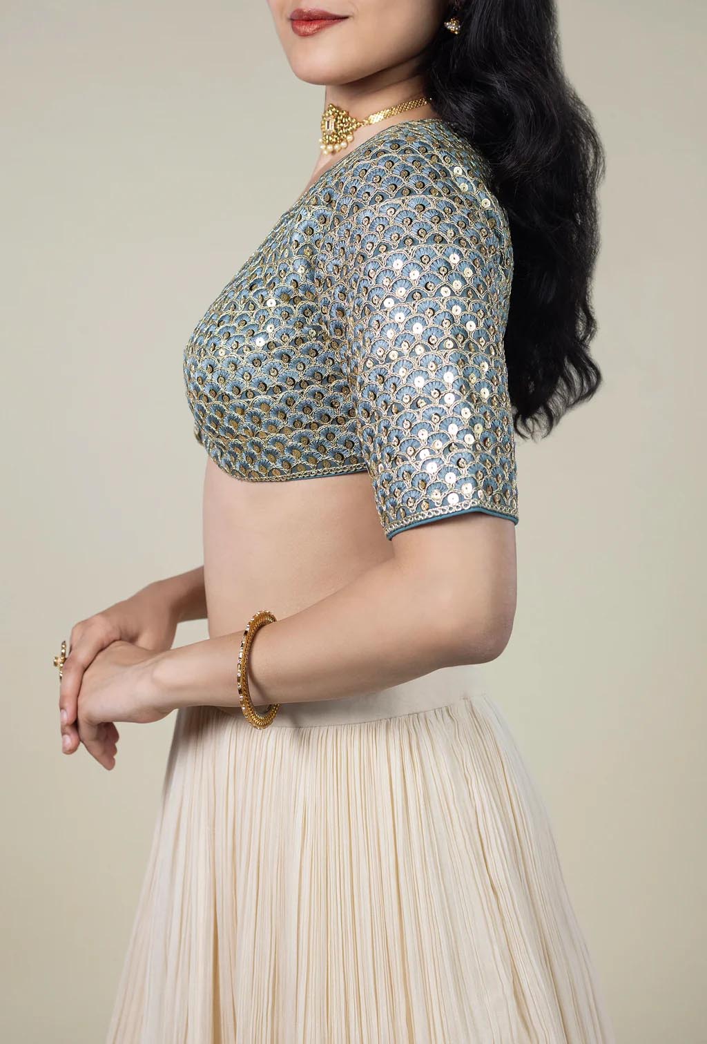 Powder Blue Blouse with Golden Embellishment