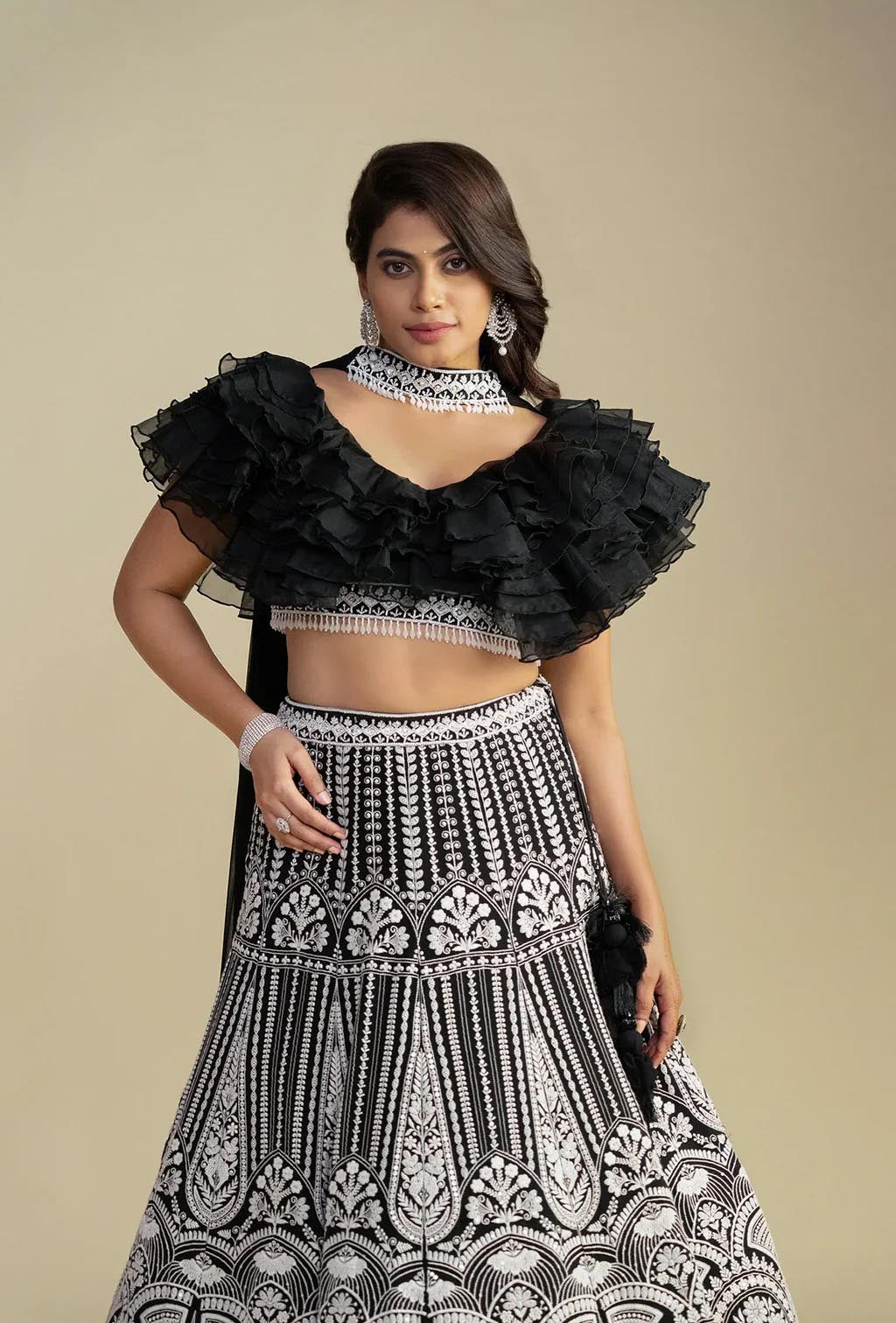 Regalia Black Ruffled Blouse with Chikankari Handwork Lehenga & Choker Dupatta