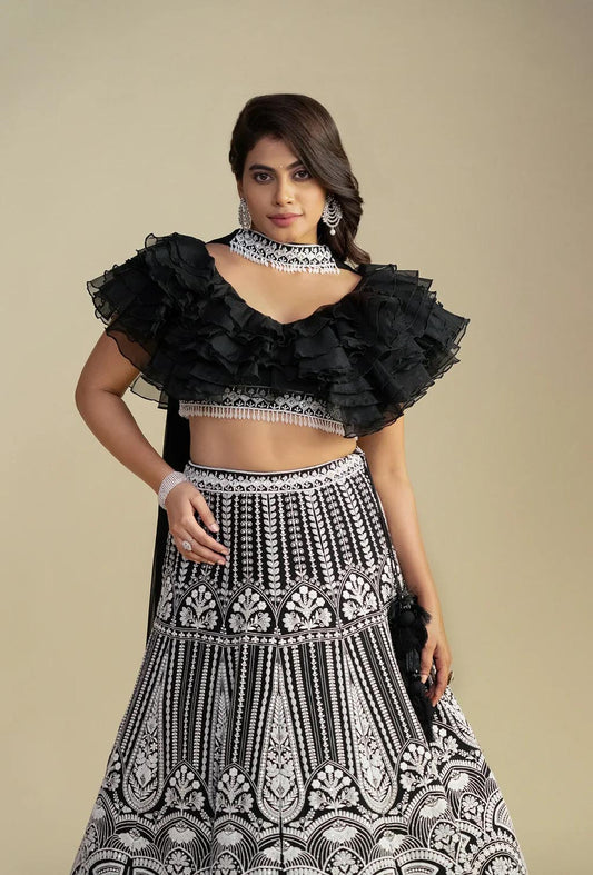 Regalia Black Ruffled Blouse with Chikankari Handwork Lehenga & Choker Dupatta