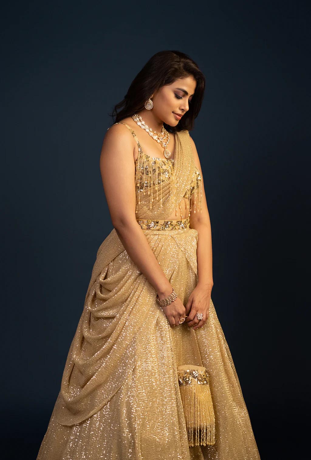 Eskimo Golden Glam Stone Work Lehenga with Sequined Attached Dupatta