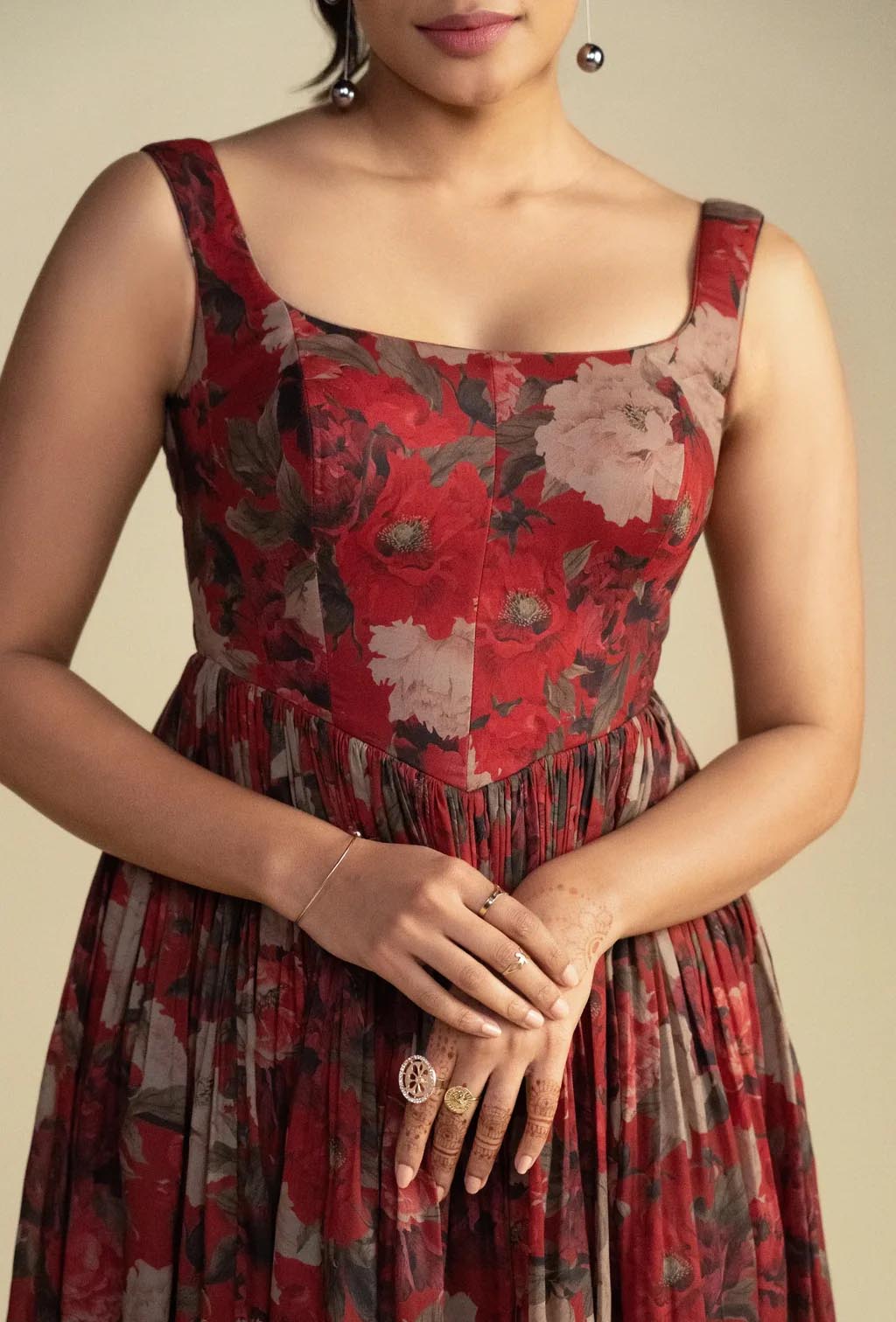 Brick Red Floral Print Short Corset Dress