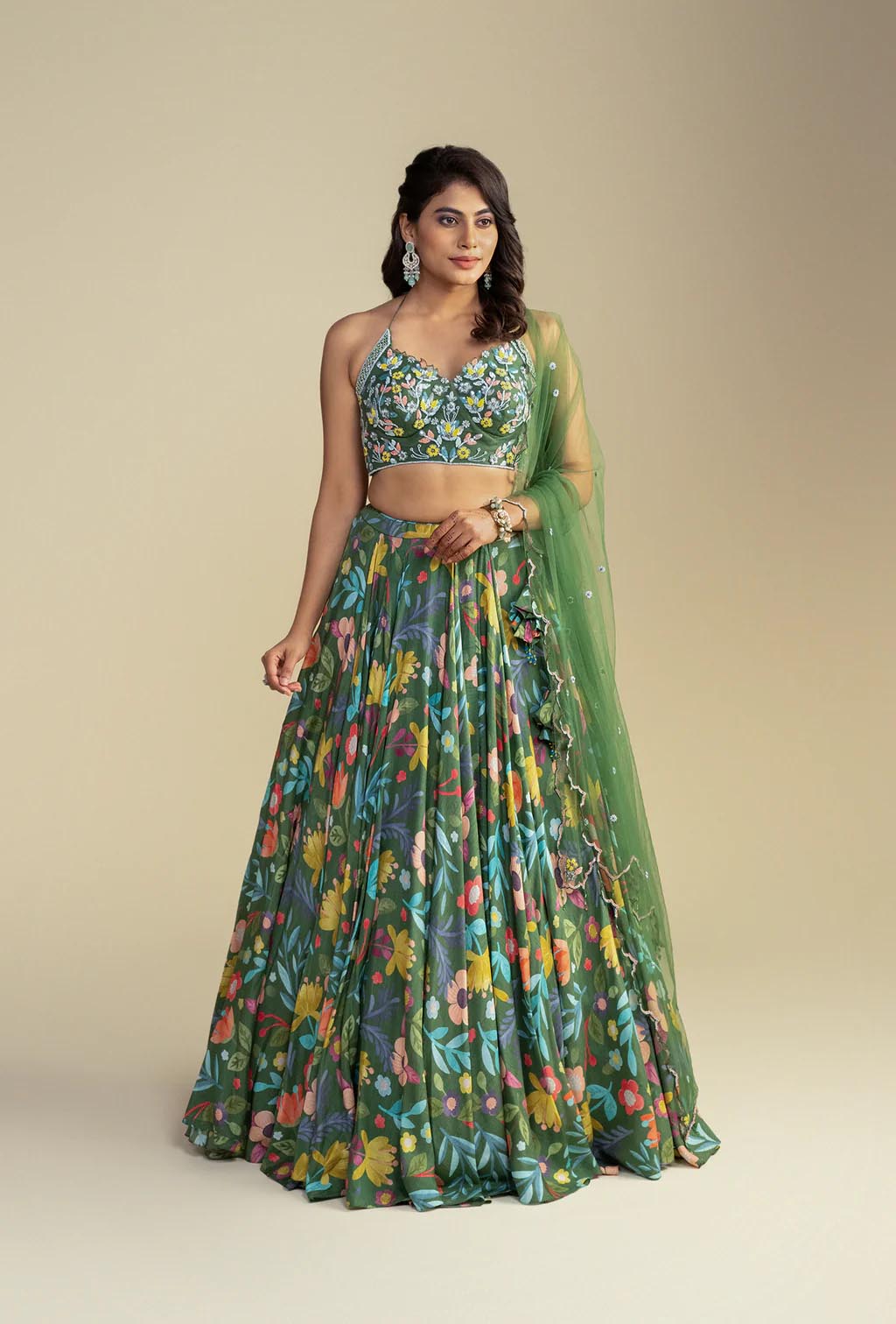 Amber Green Digitally Printed Tie-up Choli Lehenga Set