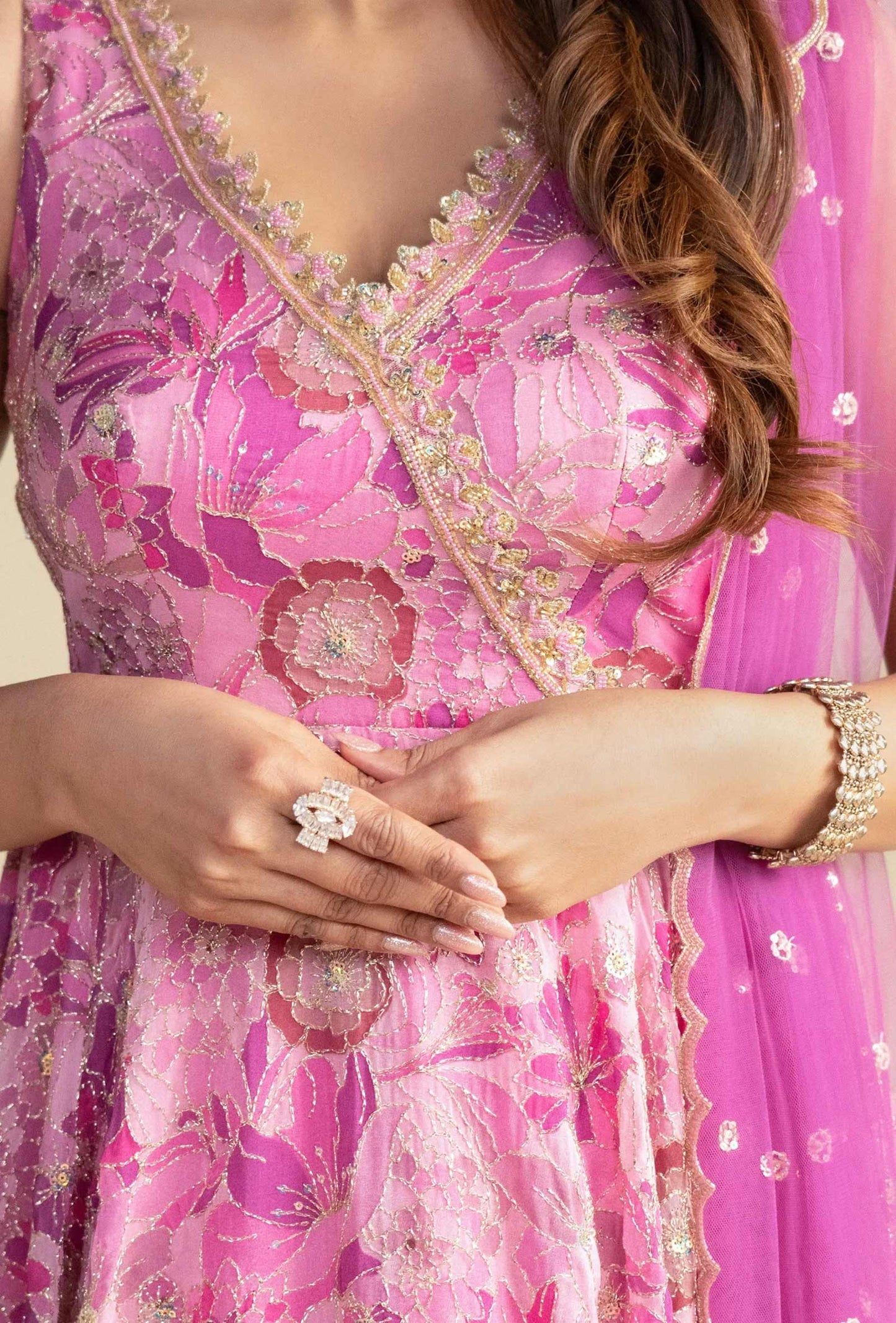 Pink Floral V-Neck Anarkali Set