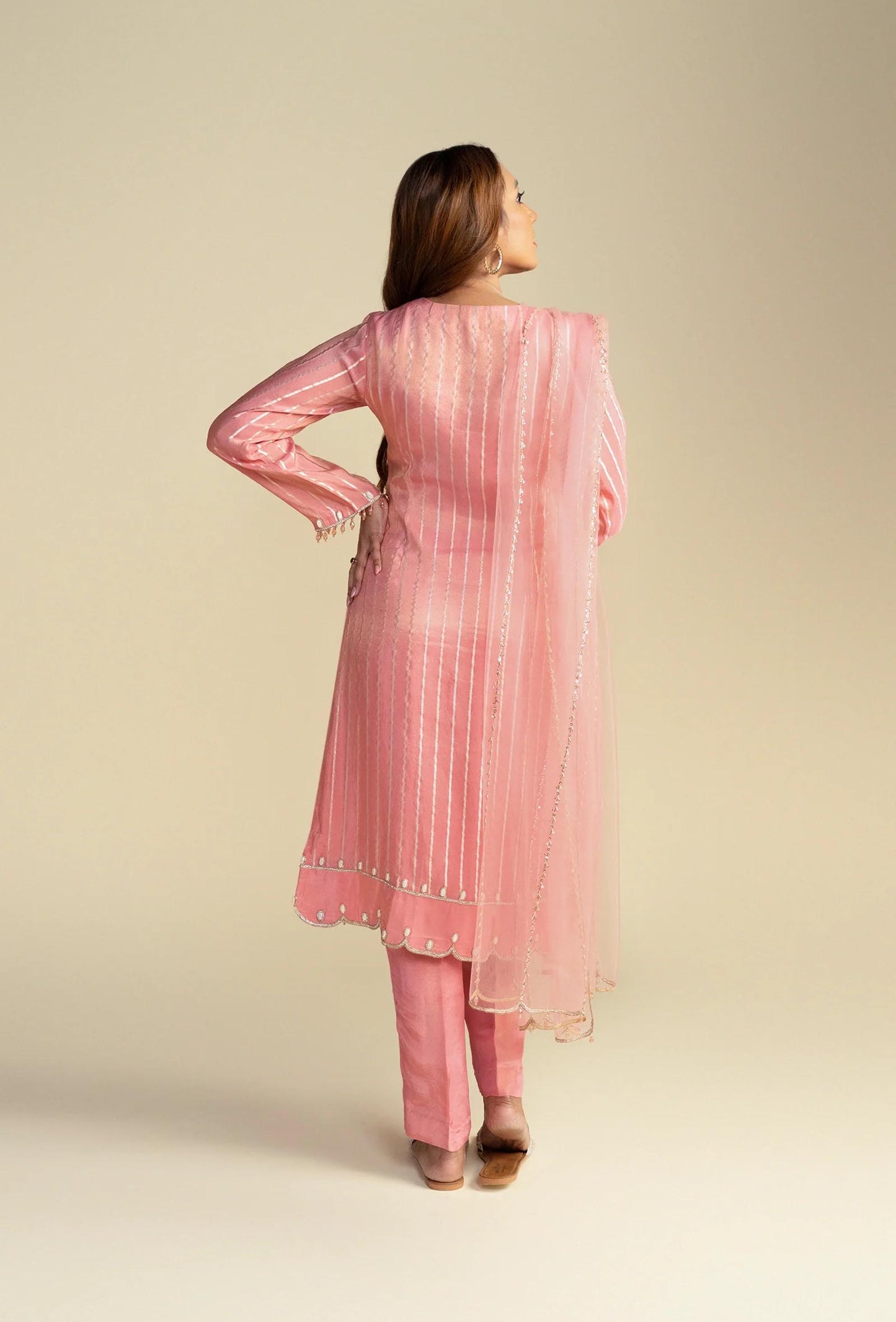 Light Pink Sequined Stripe Ethnic Kurta Set