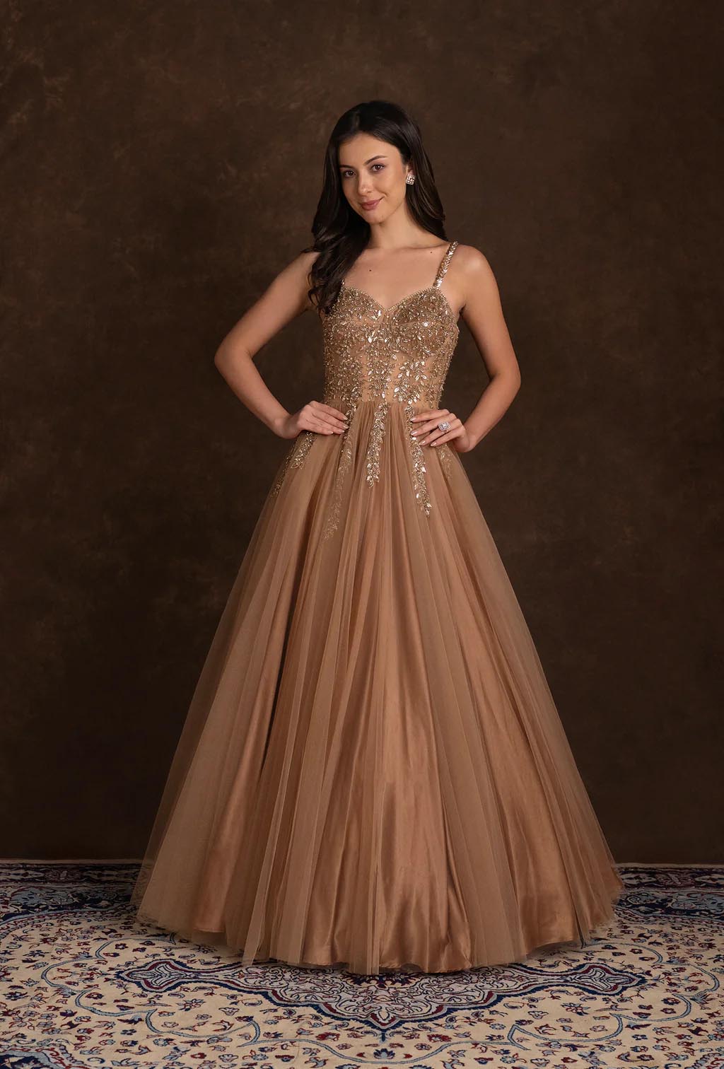 Alaya Mocha Brown Corset Style Stonework Gown