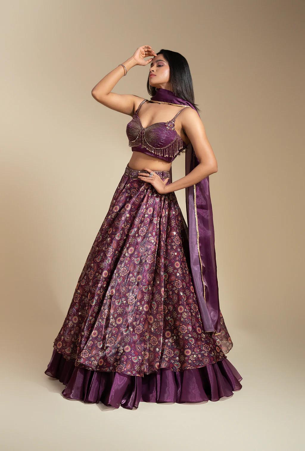 Elixir Wine Berry Glass Organza With Crystal Tassled Blouse Lehenga Set