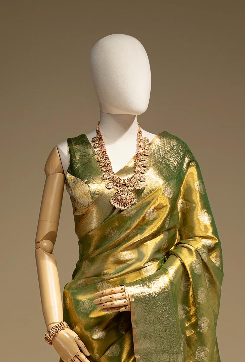 Pure Shimmer Organza Saree In Golden Green