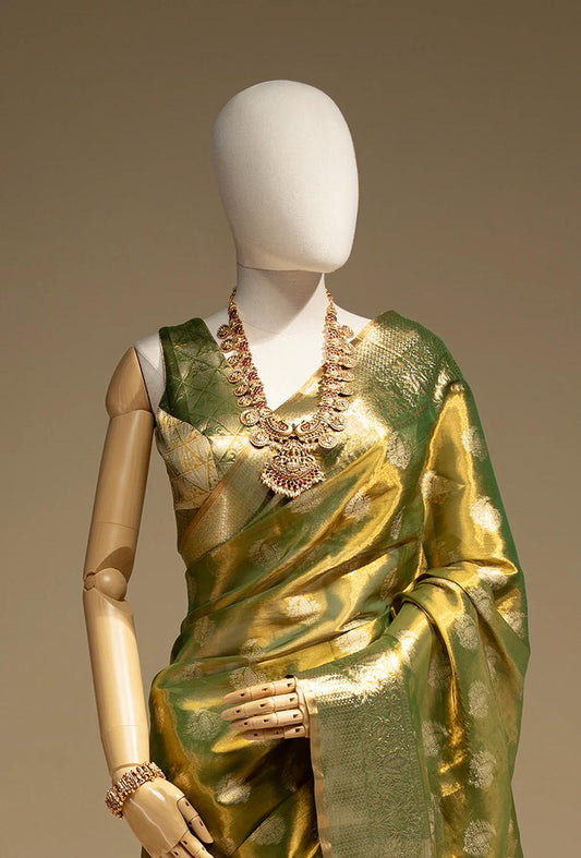 Pure Shimmer Organza Saree In Golden Green