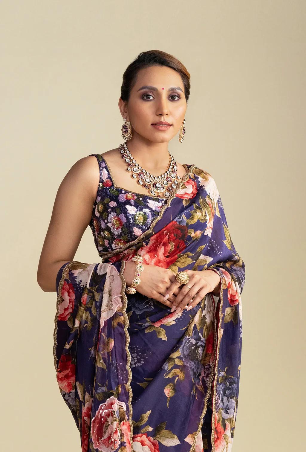 Purple Floral Print Saree