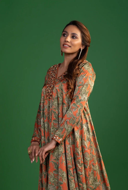 Orange Floral Anarkali Dress
