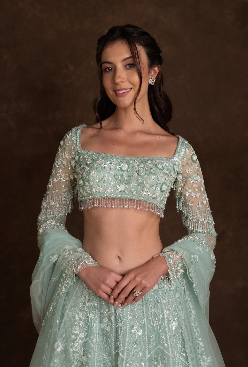 Glimmer Mint Blue Square Neck Sequined Embroidered Set