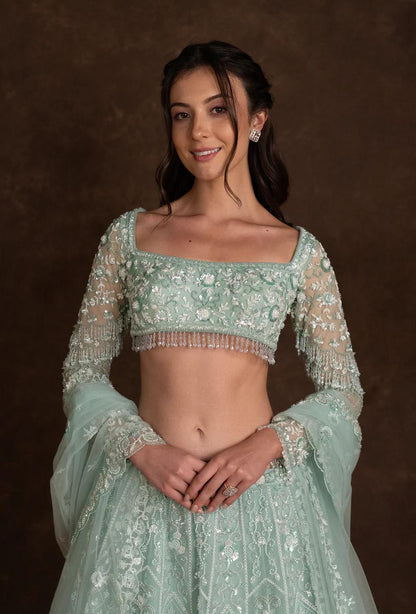Glimmer Mint Blue Square Neck Sequined Embroidered Set