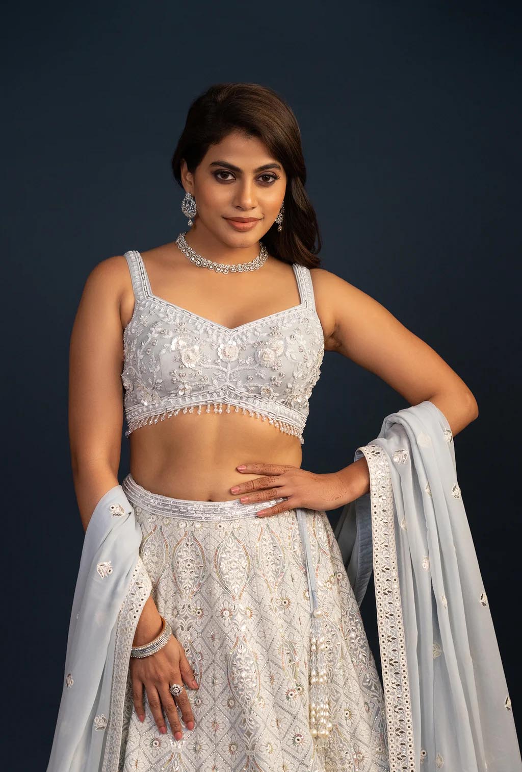 Serenade Powder Blue Heavy Embroidery Bemberg Organza Lehenga Set