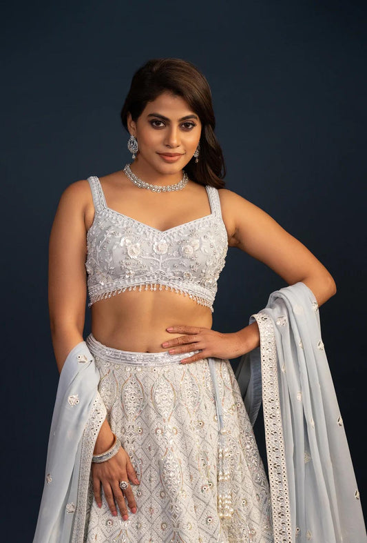 Serenade Powder Blue Heavy Embroidery Bemberg Organza Lehenga Set