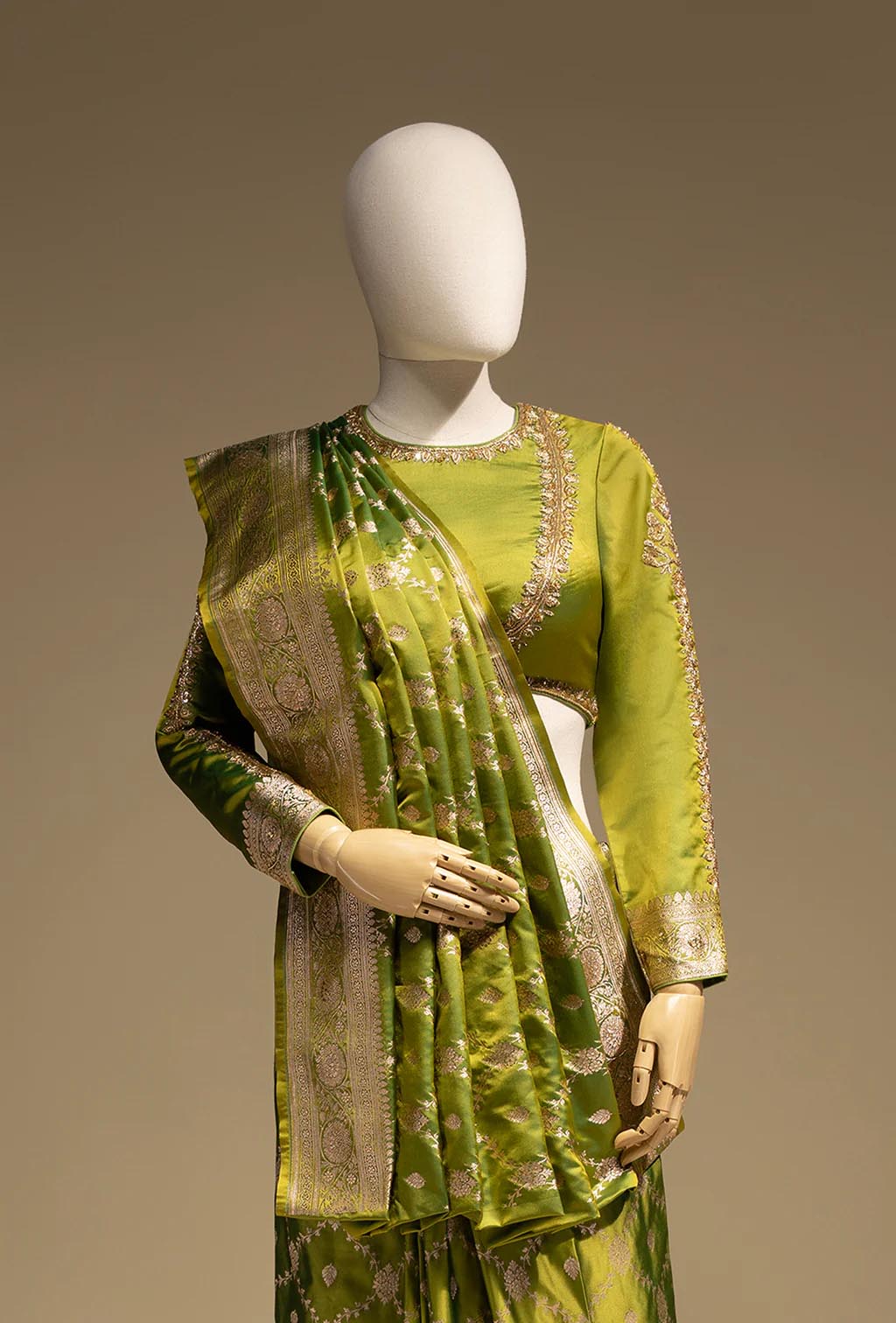 Parrot Green Mashru Silk Saree with Jaalwork in Zari