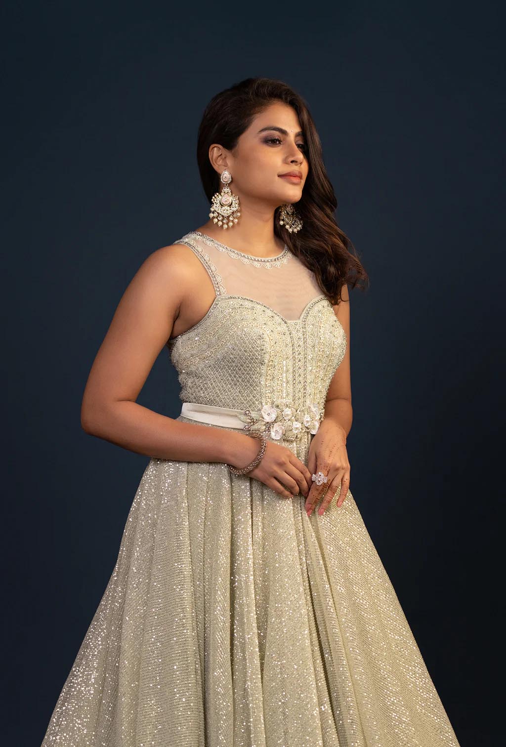 Evermore Shimmer Pista Green Sequined Gown