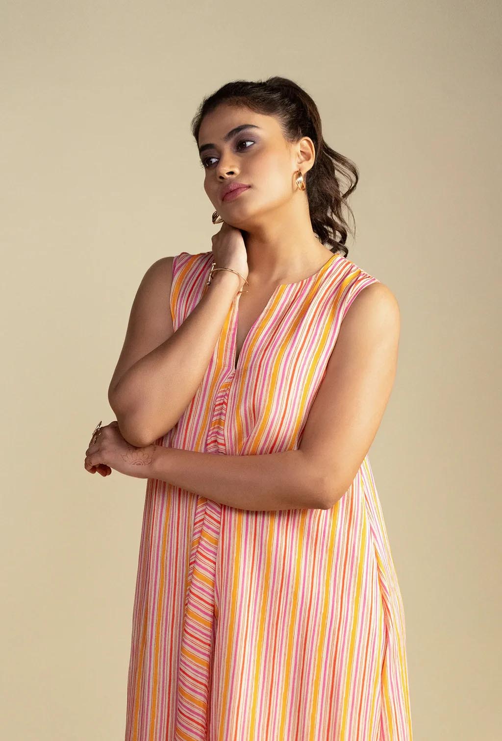 Salmon Pink Striped A-Line Dress