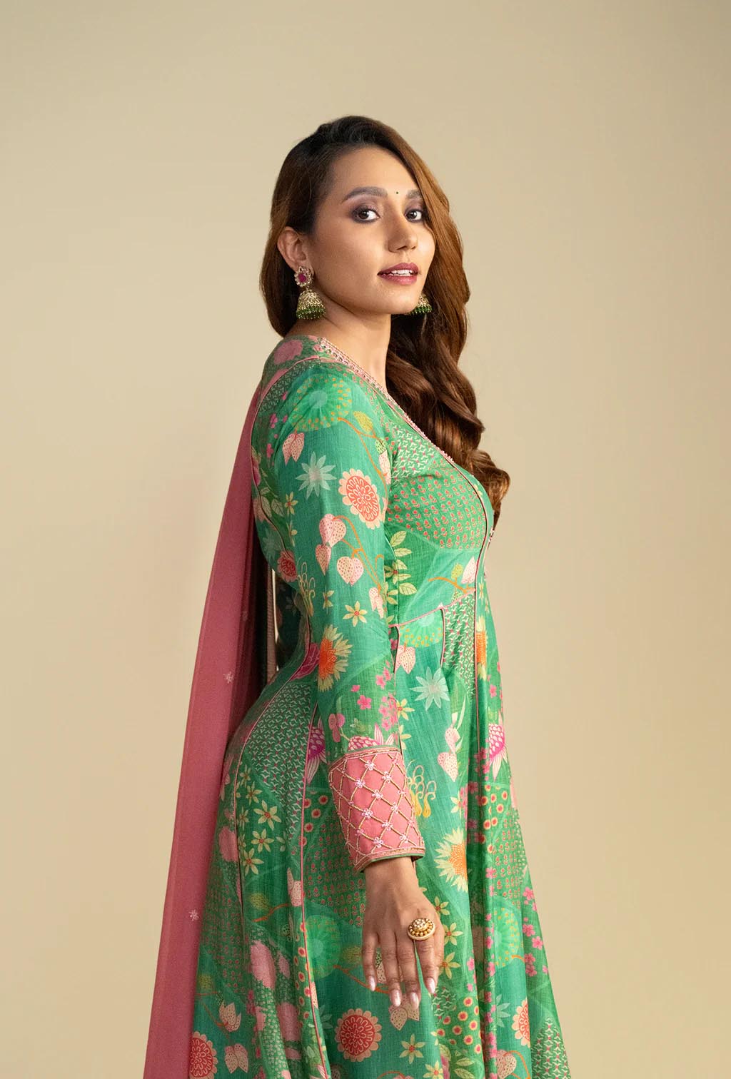 Green Floral Print Anarkali With Pink Dupatta
