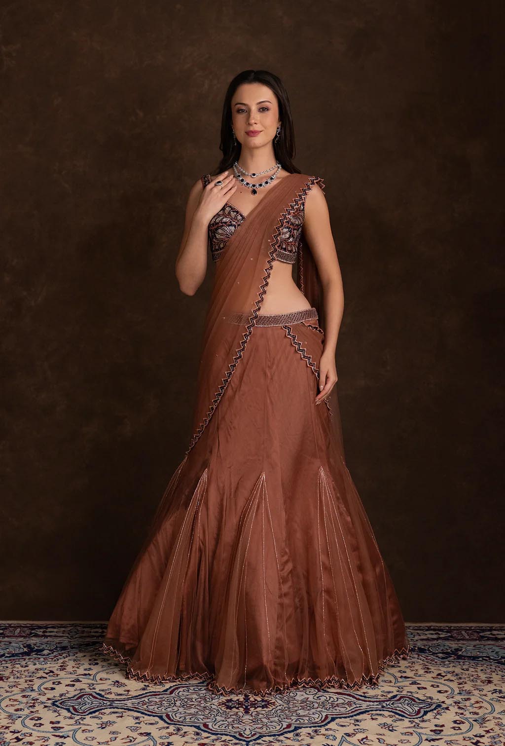 Saira Rust Red Mermaid Ruffle Lehenga Saree