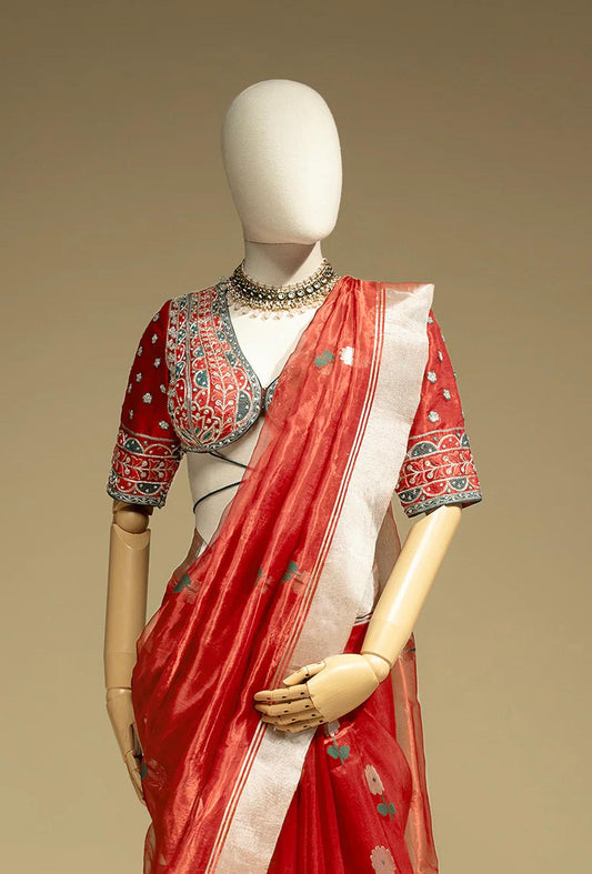 Tissue Silk Saree In Chanderi Red With Zari Buttiwork