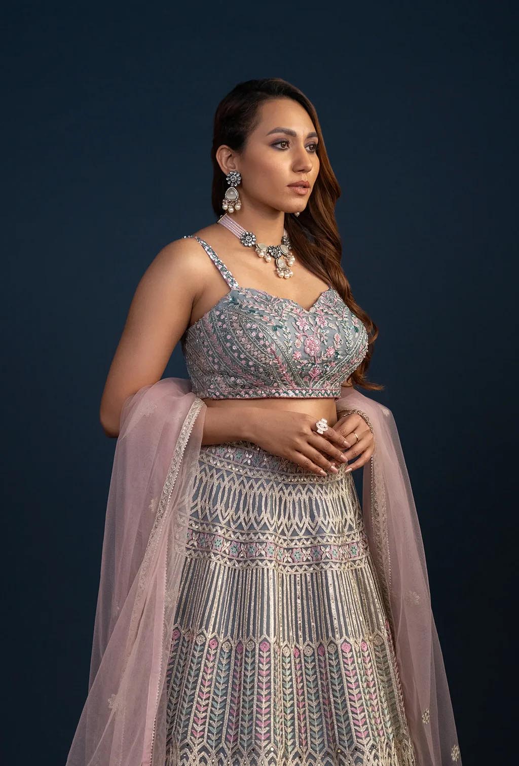 Mist Dusty Blue Threadwork Net Lehenga Set