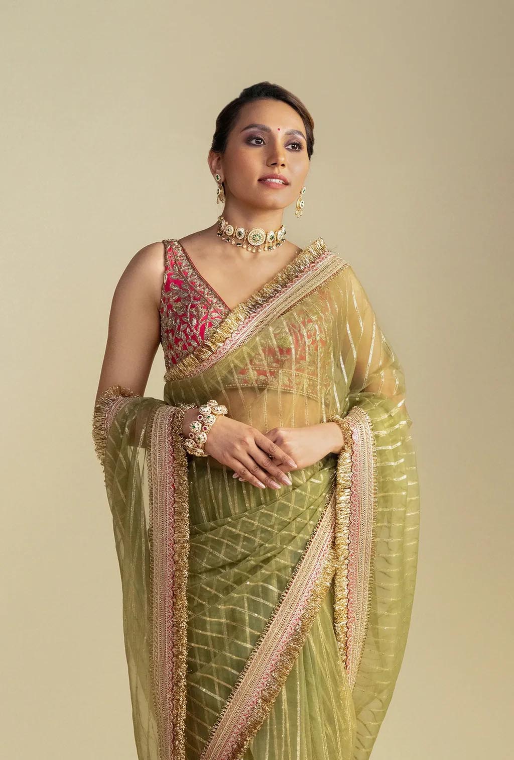 Noor Sheer Green Saree with Zardozi Embroidered Blouse