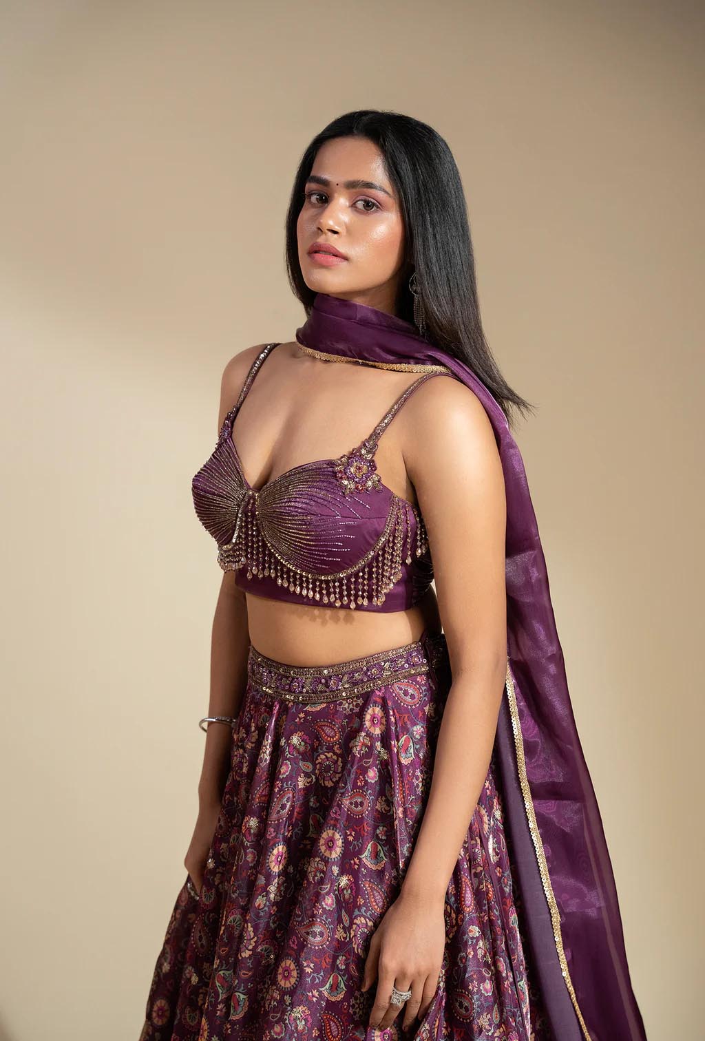 Elixir Wine Berry Glass Organza With Crystal Tassled Blouse Lehenga Set