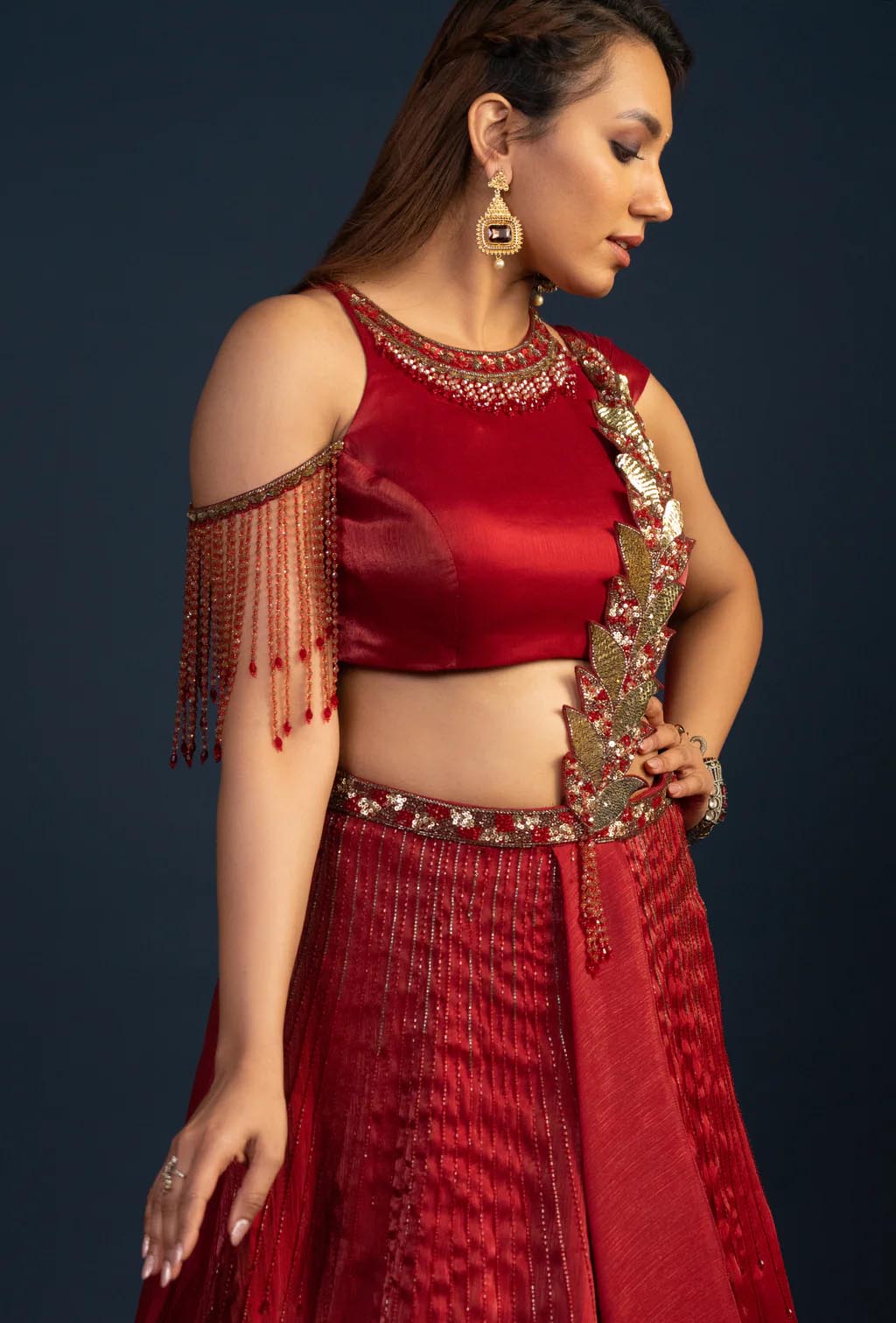 Cider Rust Red Embroidered Lehenga Set with Attached Dupatta