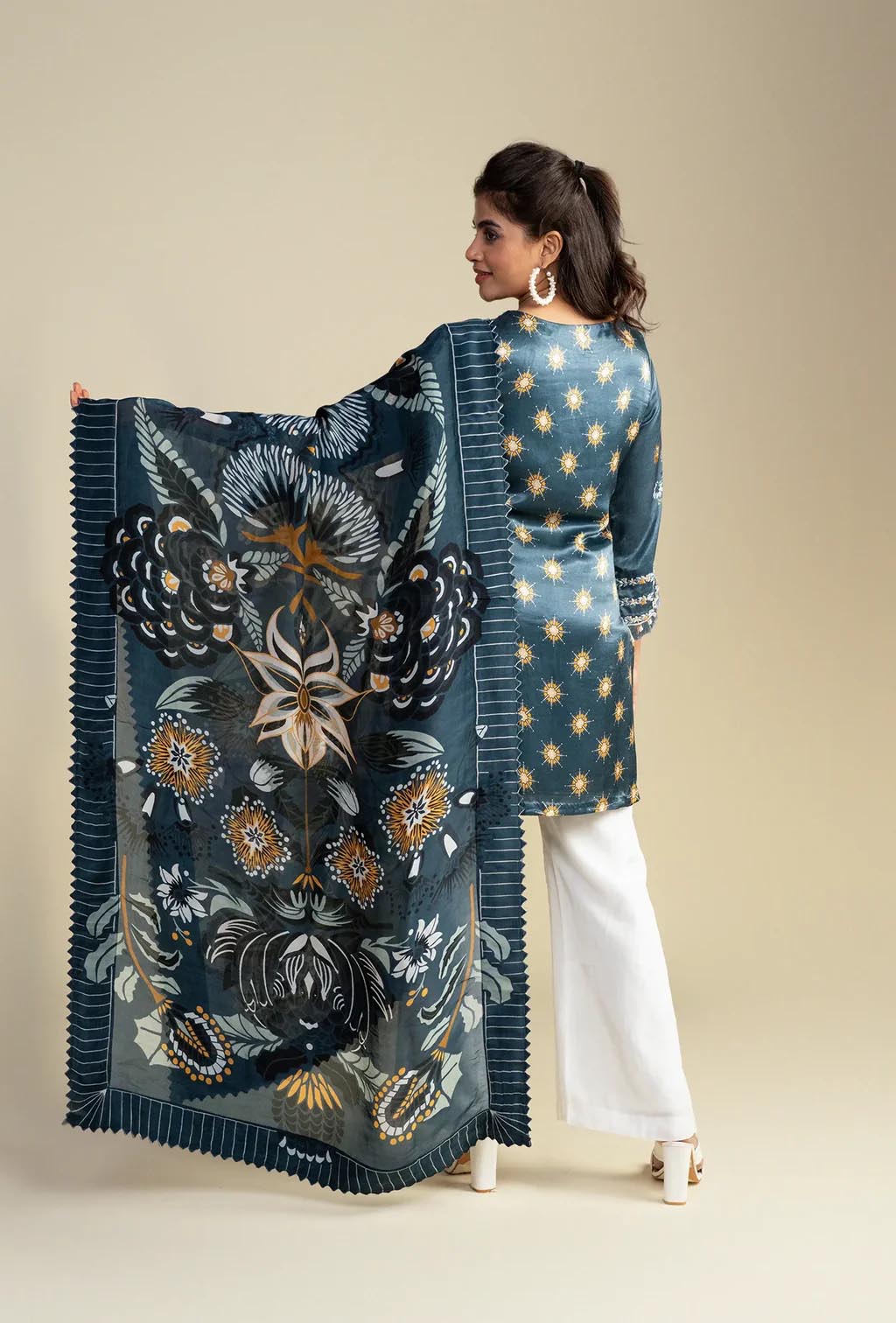 Charcoal Blue Silk Kurta with Floral Print Dupatta