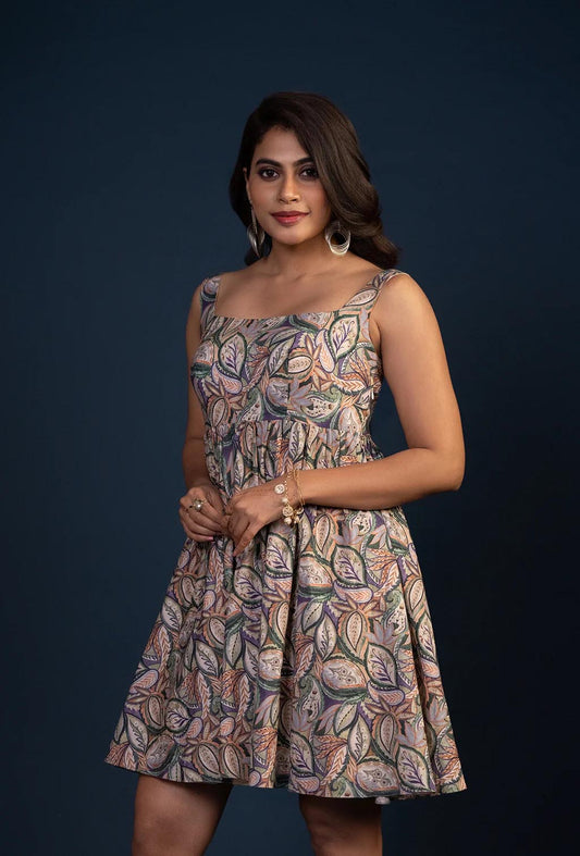 Leaf Print Square Neck Mini Dress