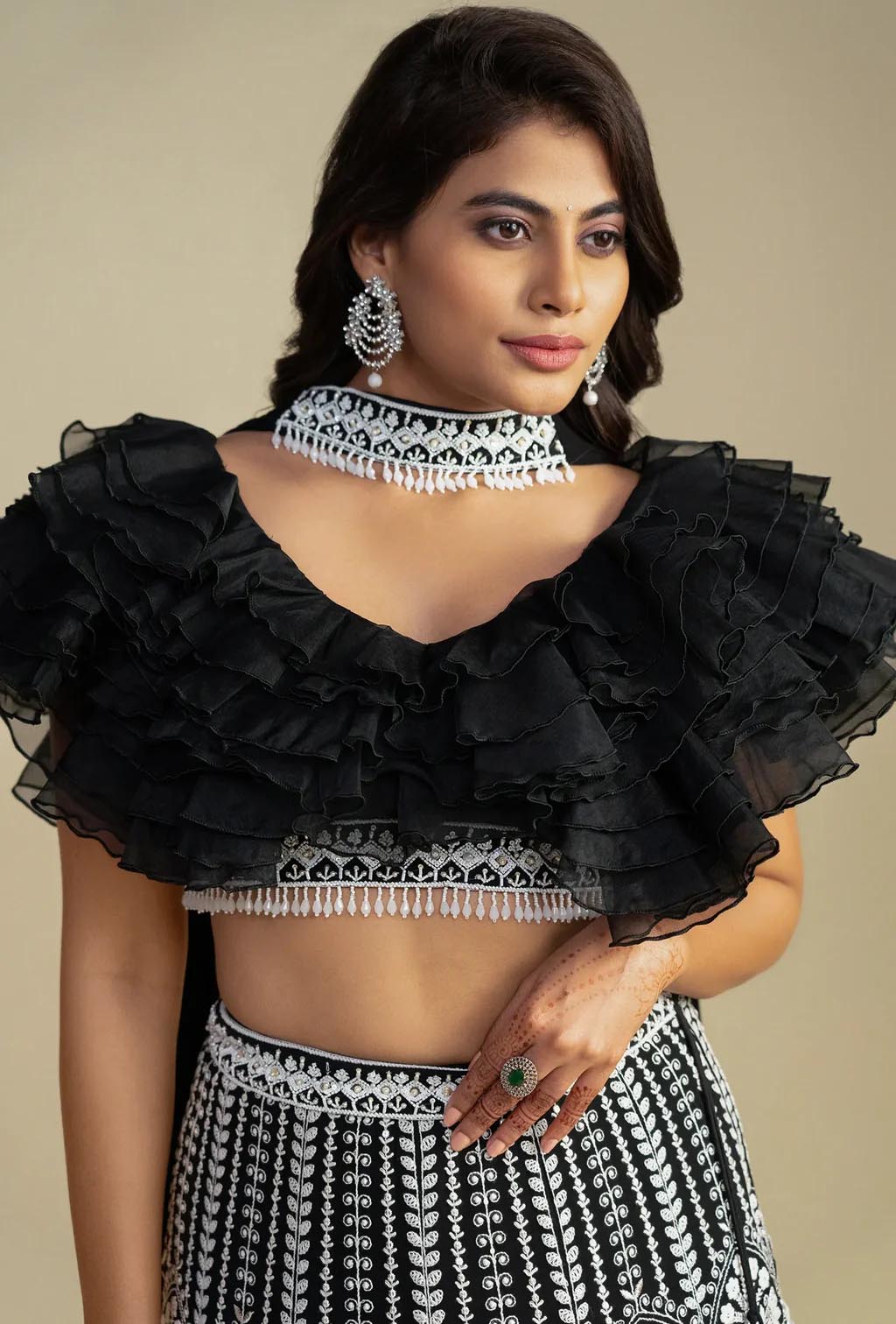 Regalia Black Ruffled Blouse with Chikankari Handwork Lehenga & Choker Dupatta