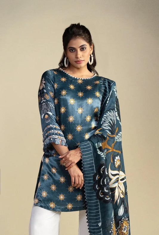 Charcoal Blue Silk Kurta with Floral Print Dupatta