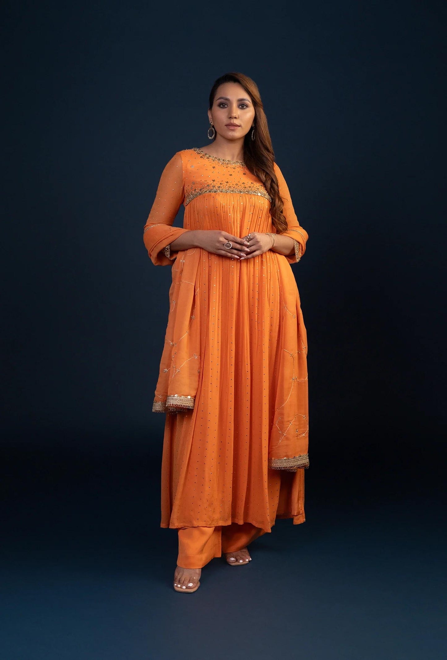 Sunset Orange Empire Line Long Kurta Set