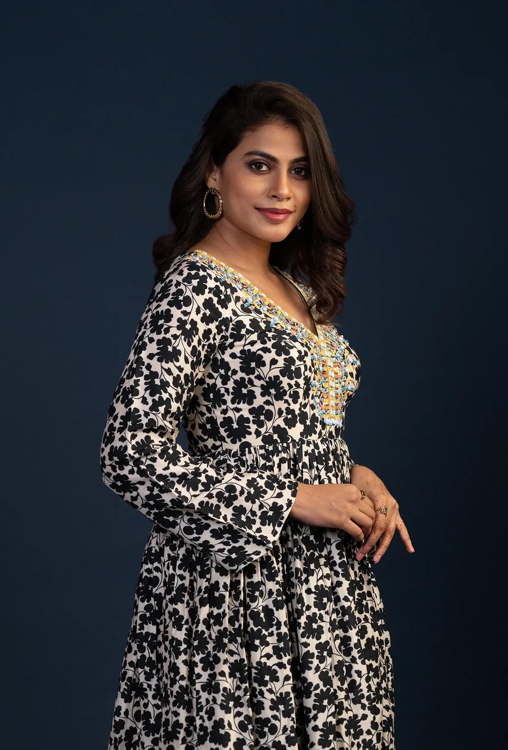 Black Floral Print Midi Dress