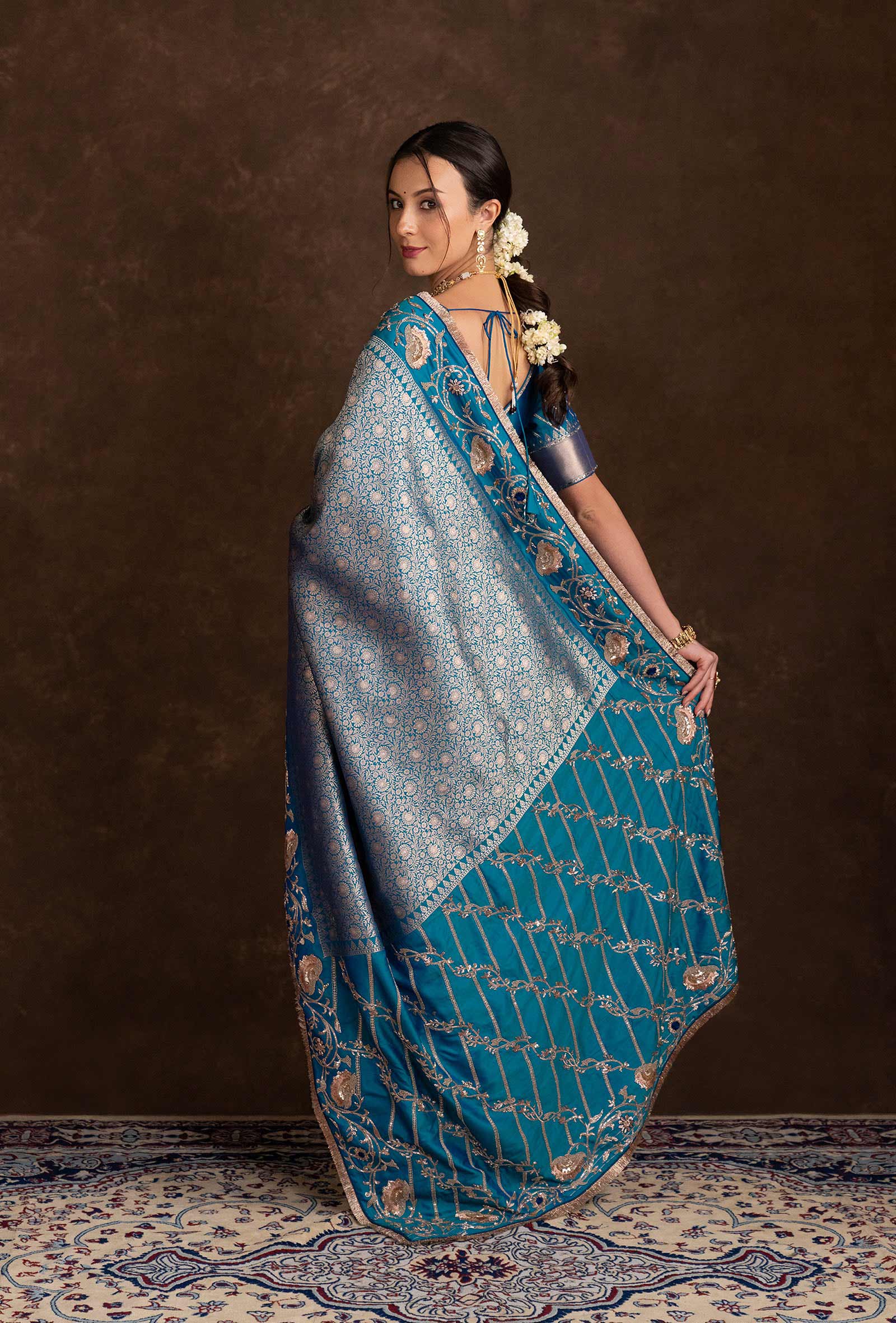 Handcrafted Peacock Blue Unstitched Blouse with Bridal Silk Saree in Resham & Zardozi Work