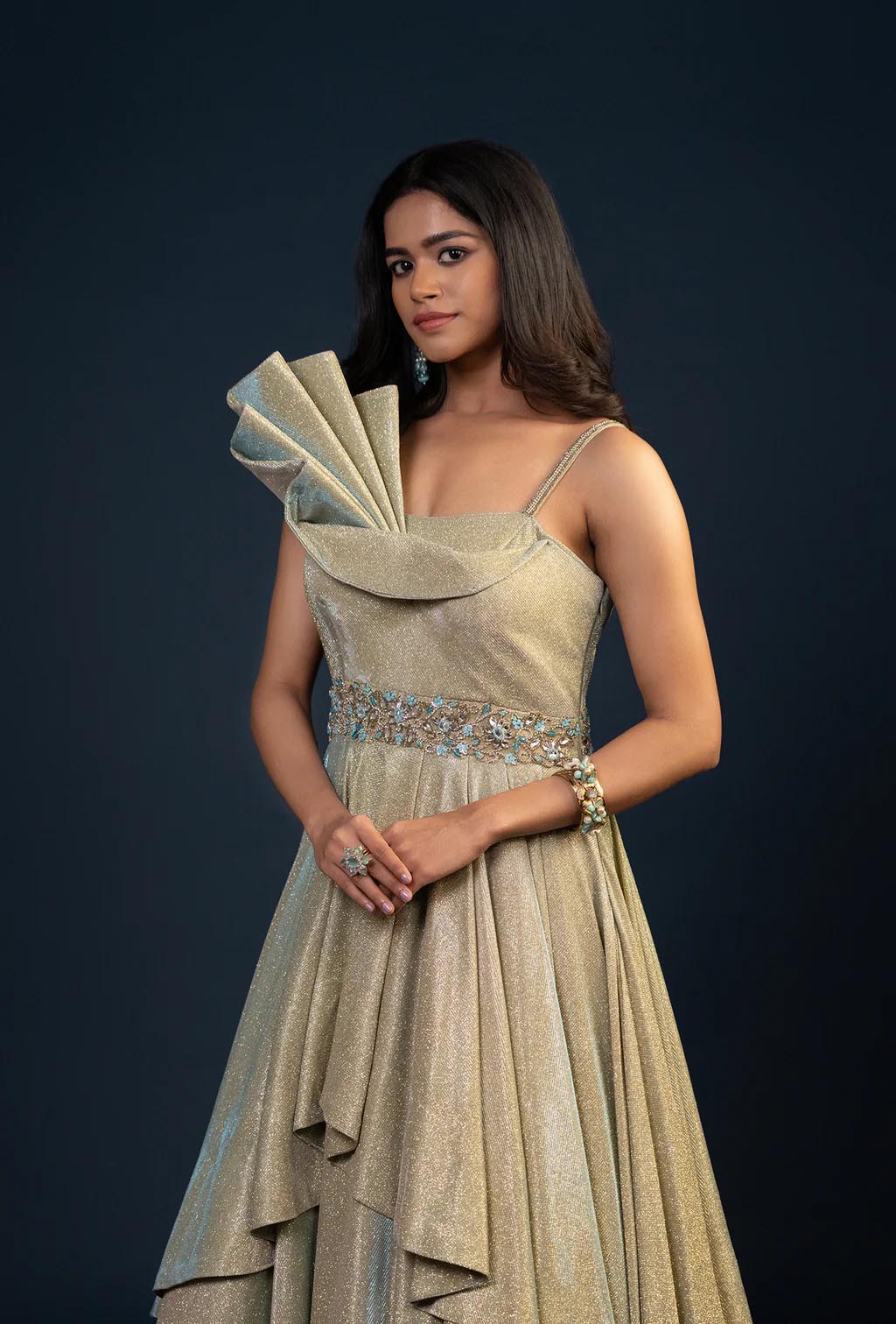 Luna Golden Green Multilayered Stone Work Gown