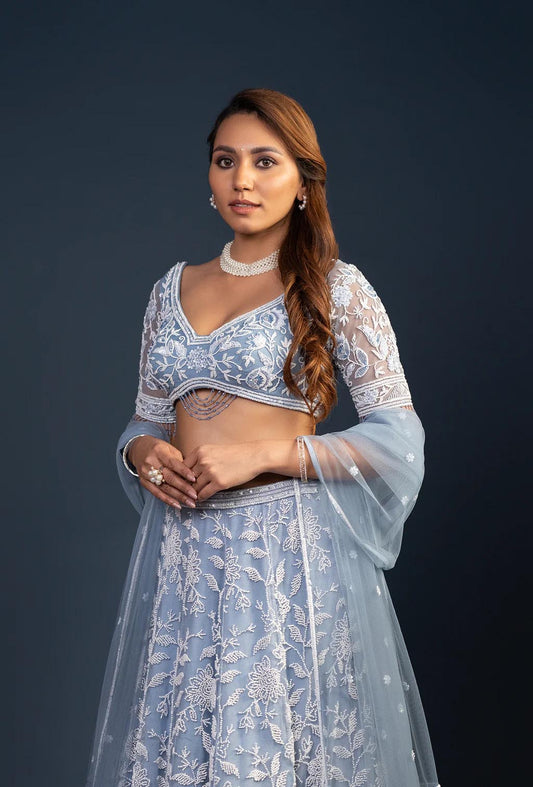Nyra Frost Blue Floral Embroidery Lehenga Set