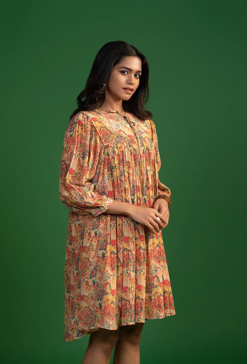 Ochre Drawstring Pleated Short Dress