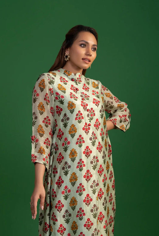 Pista Green Printed Stand Collar Kurta Set