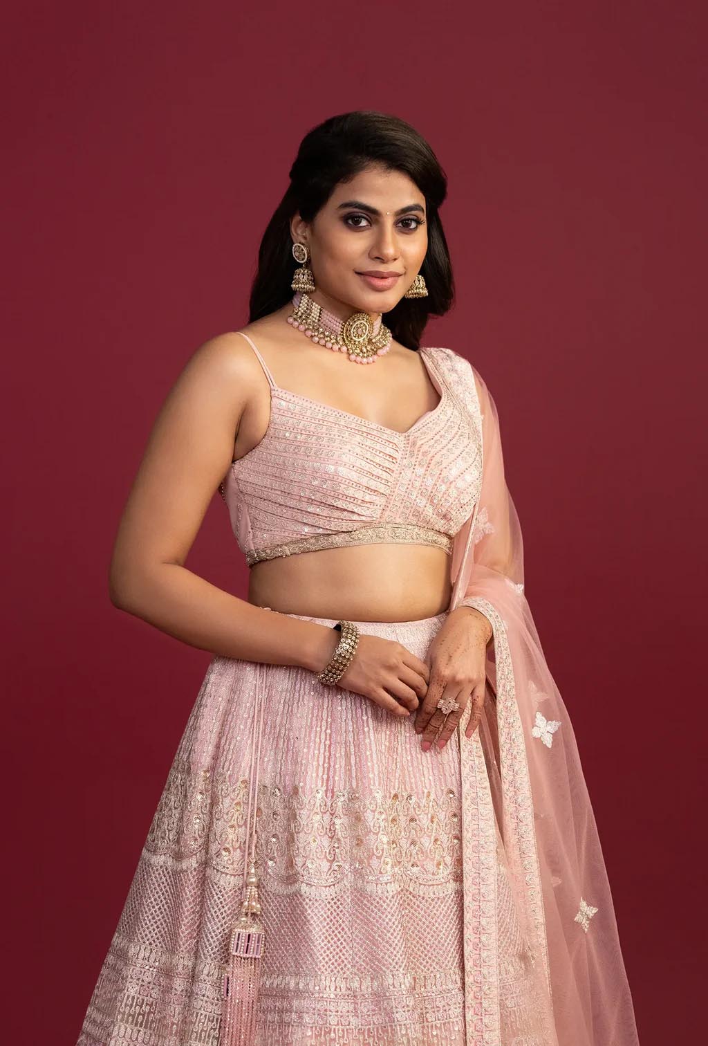 Daphne Pink Net Dupatta With Zardozi And Resham Work Lehenga Set