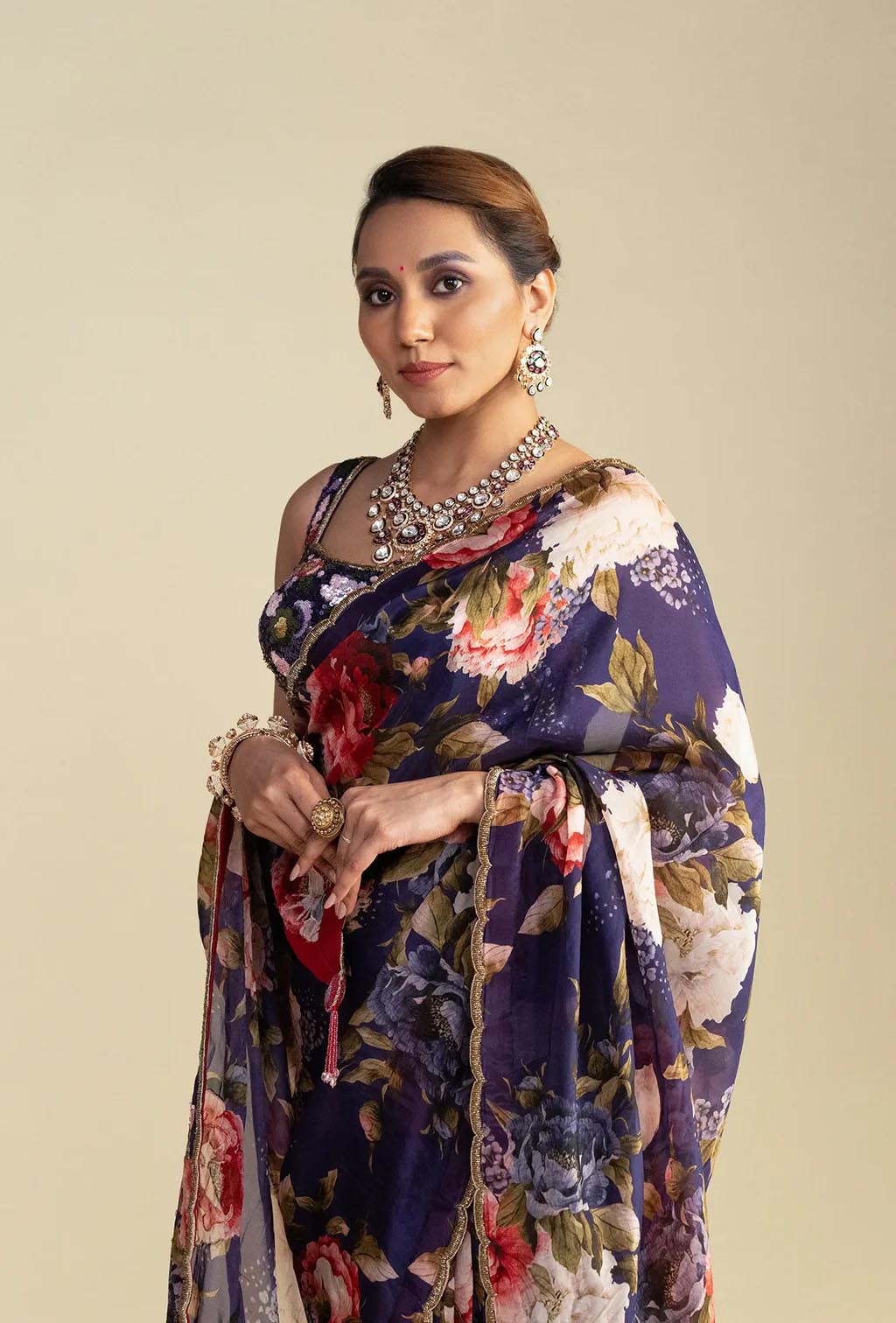 Purple Floral Print Saree