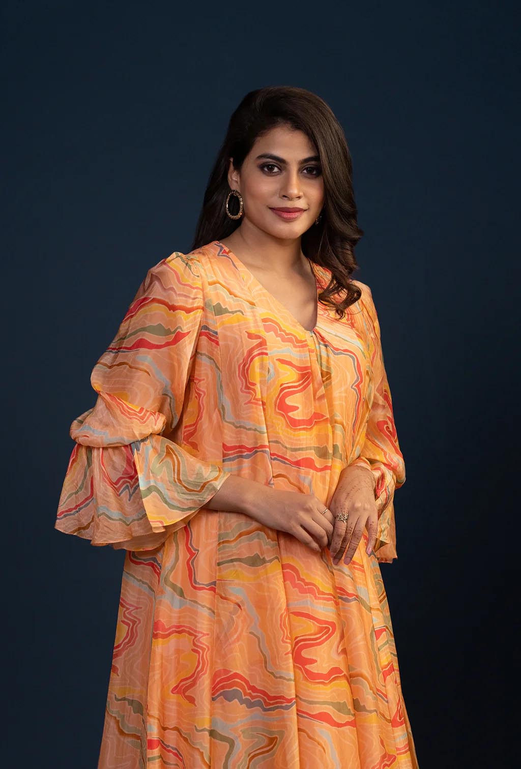 Peach Abstract Print Midi Dress
