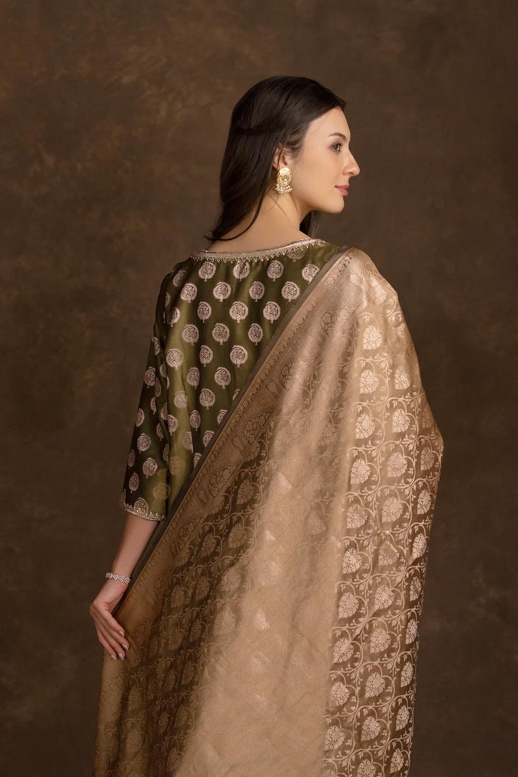 Olive Green Zari Motif Jewel Neck Kurta Set