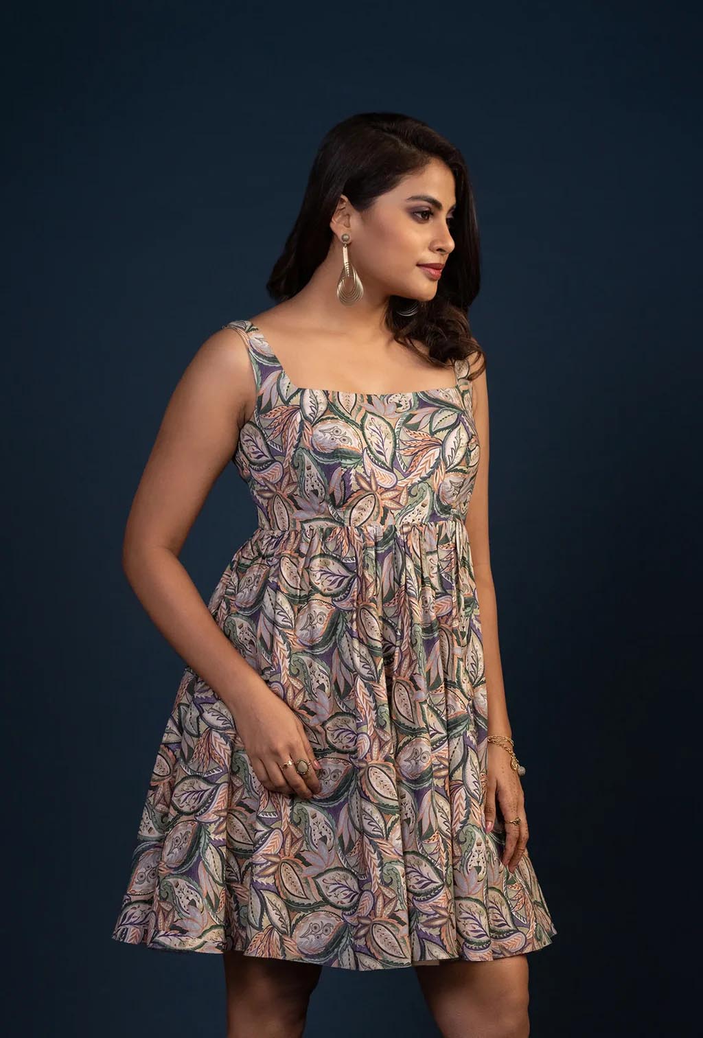 Leaf Print Square Neck Mini Dress