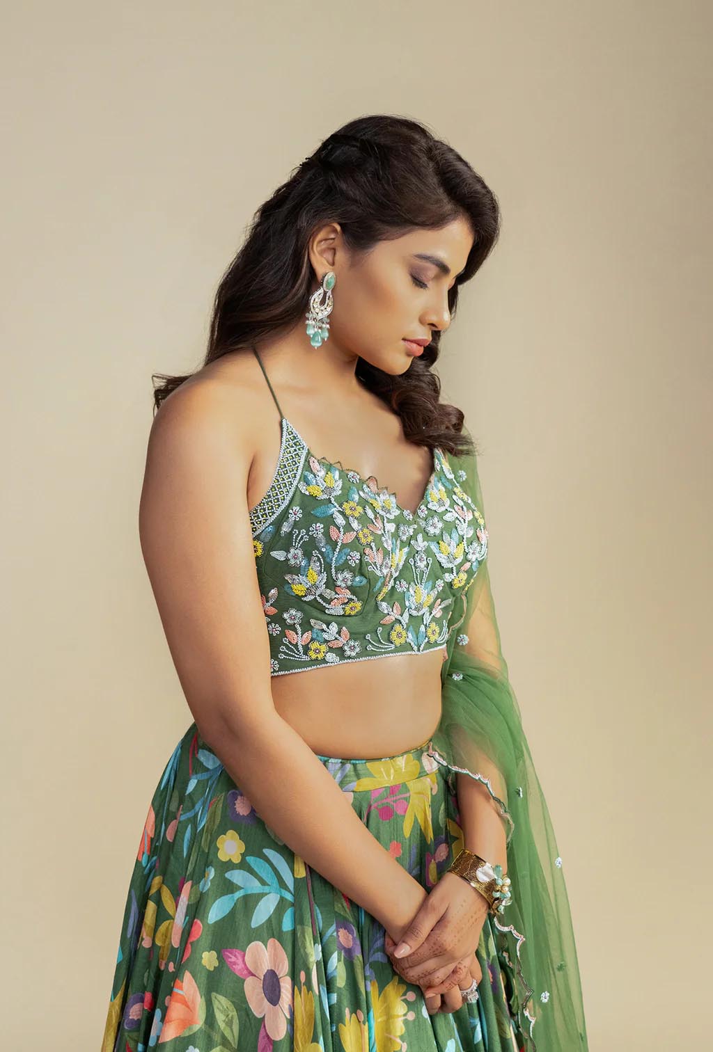 Amber Green Digitally Printed Tie-up Choli Lehenga Set