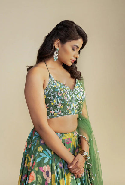 Amber Green Digitally Printed Tie-up Choli Lehenga Set