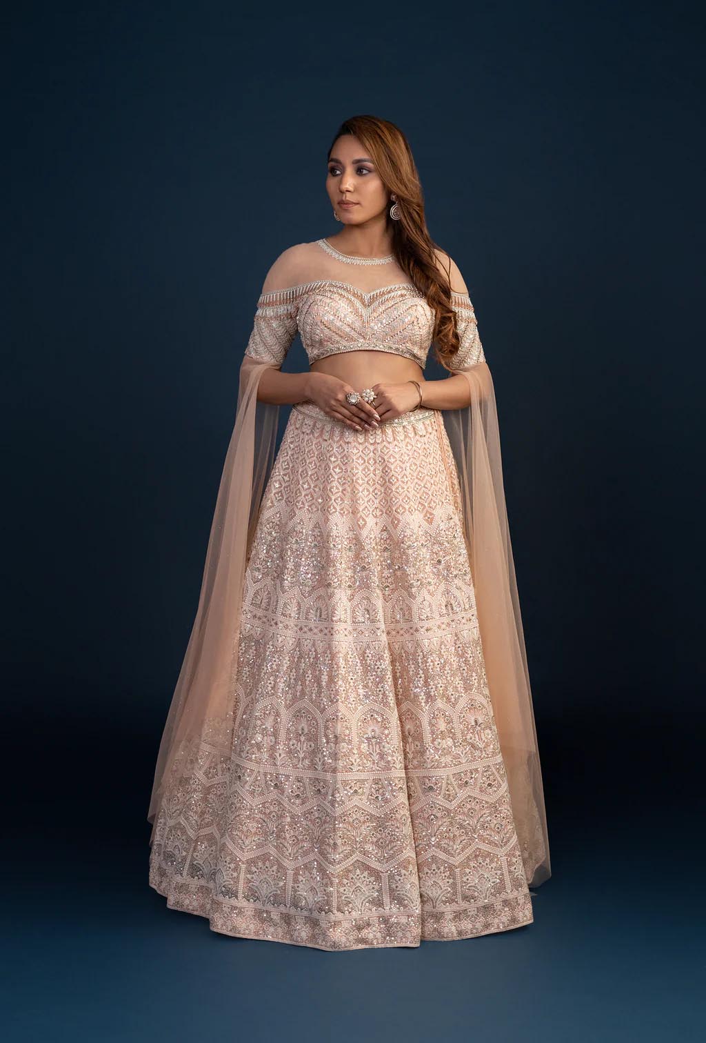 Elysian Peach Two Piece Lehenga Set with Resham & Sequins Work Cape
