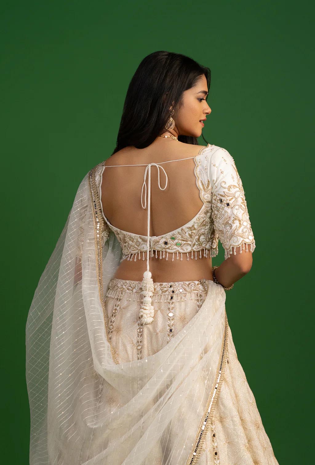 Astral Ivory Mirror Work Plunging Neck Lehenga Set